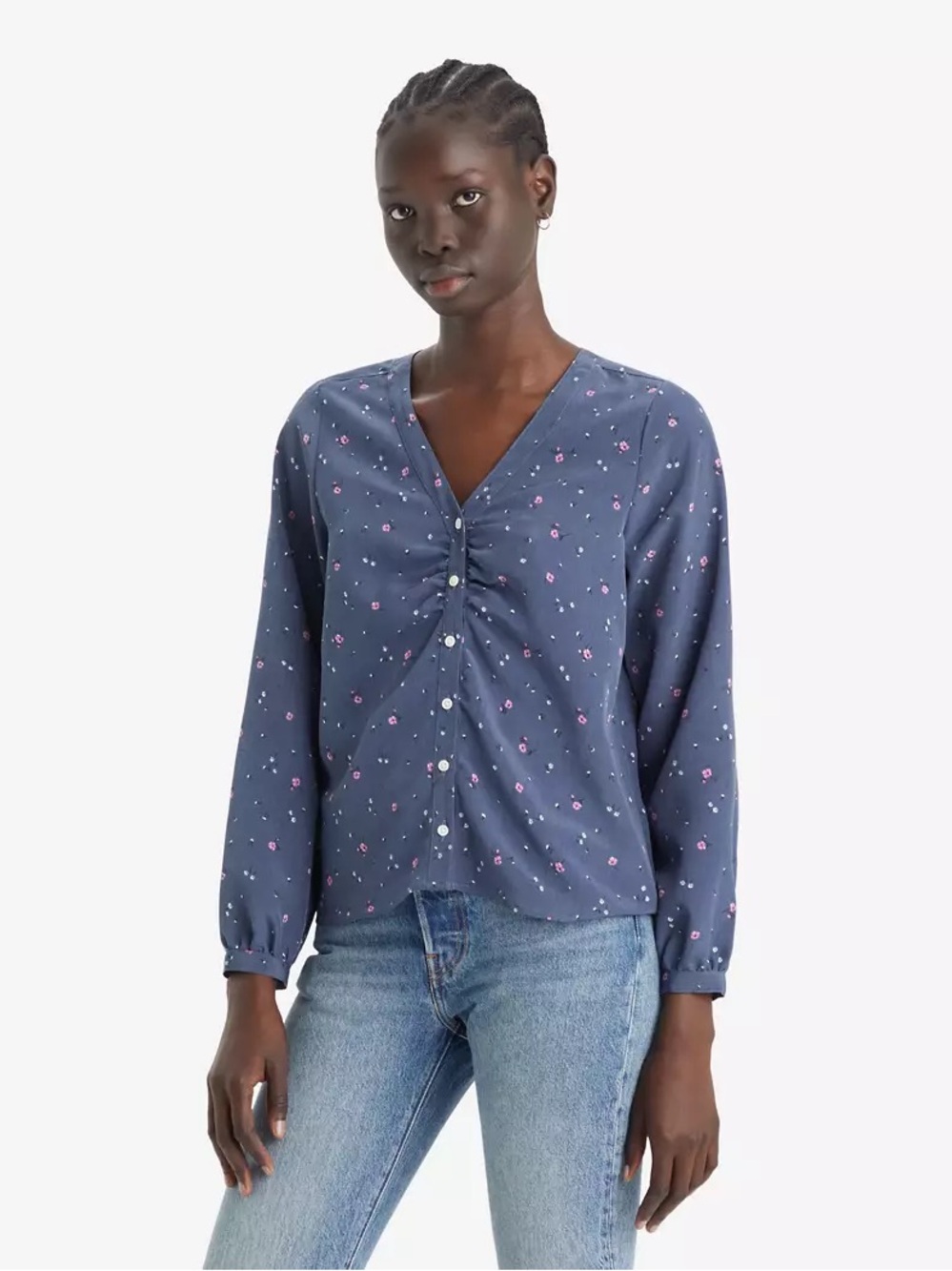 Levi's Navy Blue V-Neck Floral Button Blouse